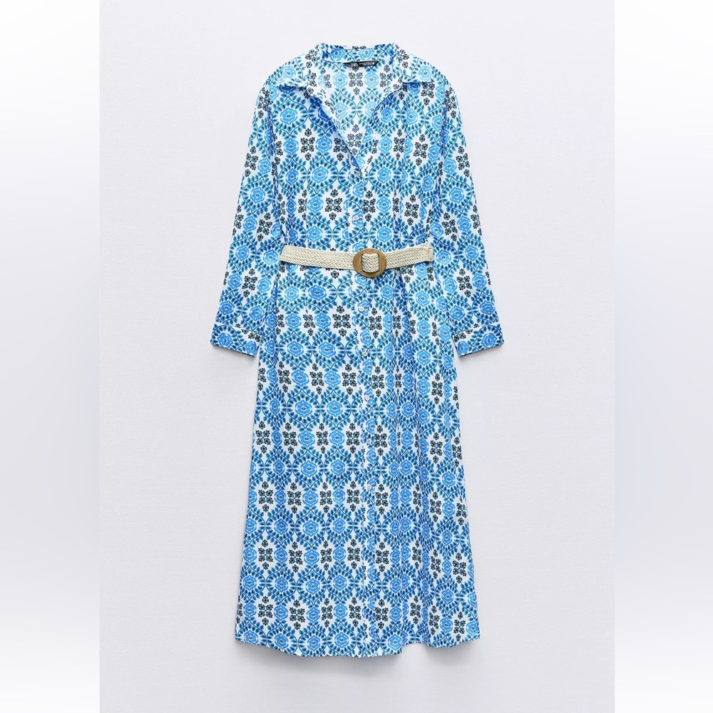 Zara Blue Patterned Midi Dress with Belt